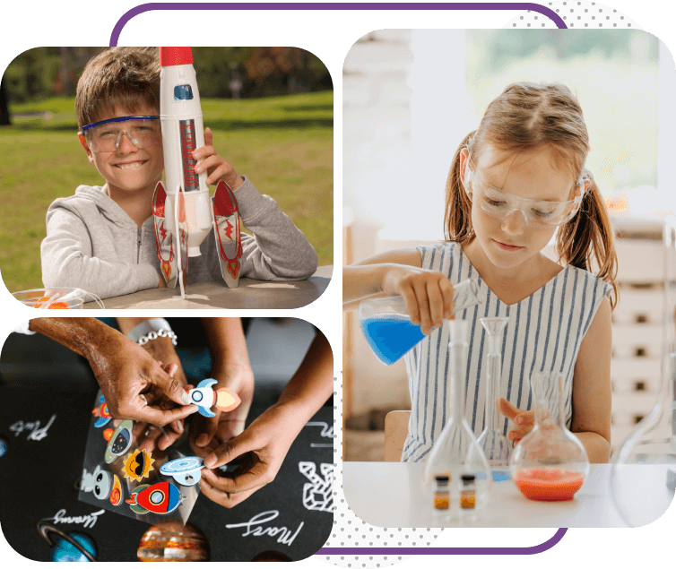 A collage of children doing science experiments.
