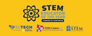 A yellow background with the words stem educator of the year and a black logo.