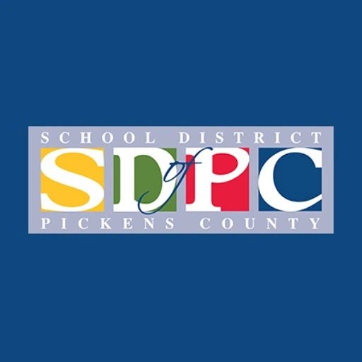 A blue background with the words school district of pickens county.