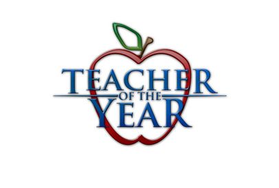 A red apple with the words teacher of the year written in it.